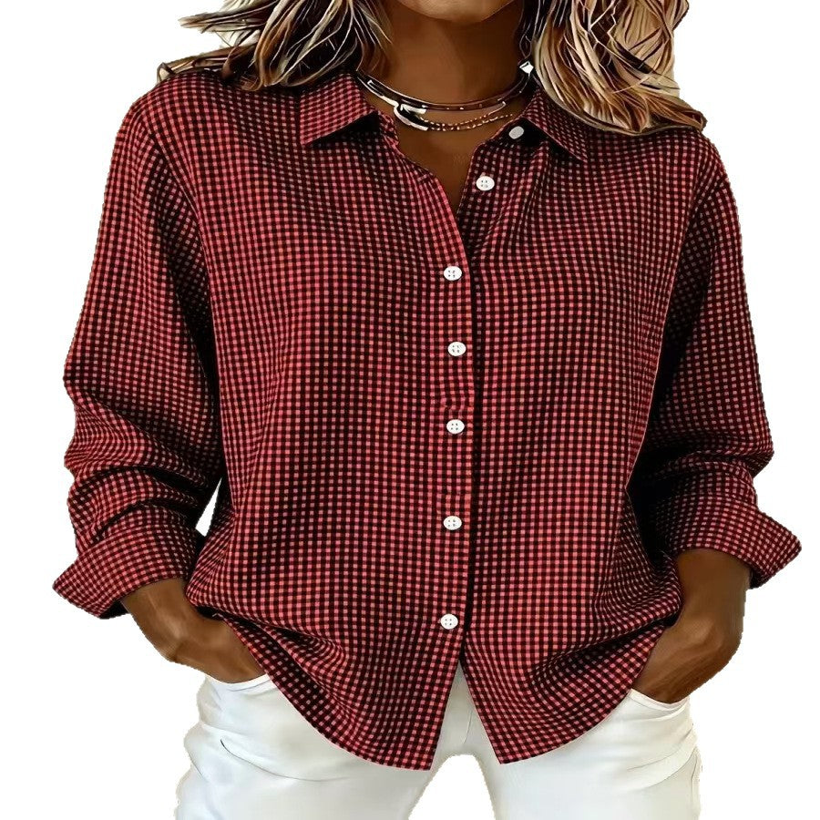 Versatile Lapel-collar Long-sleeve Plaid Shirt by Ricaloux