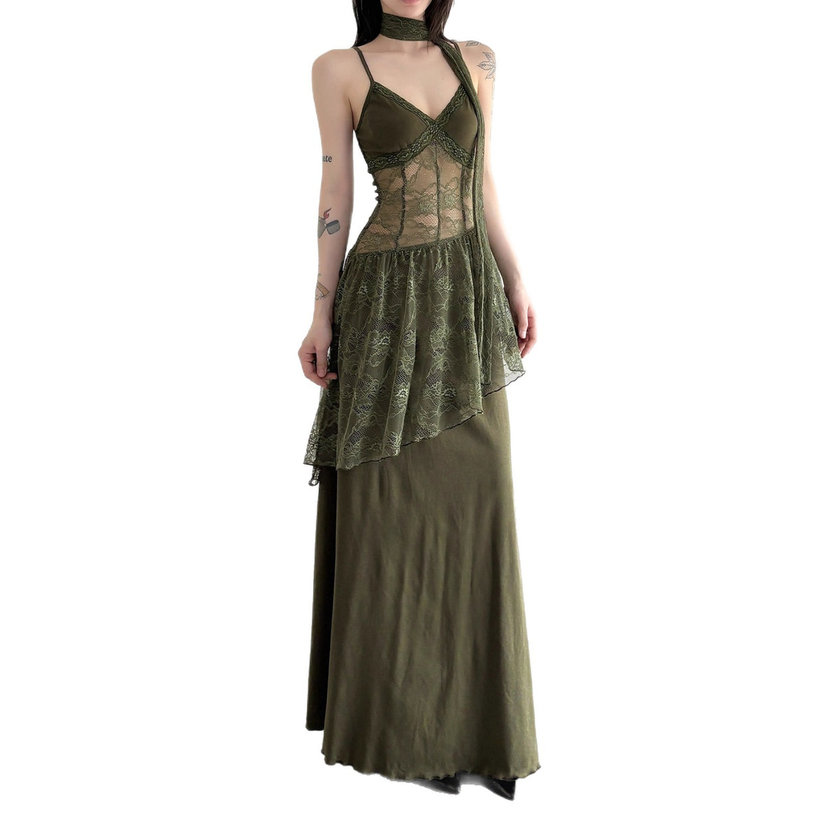 Retro-style Lace-panel V-neck Slip Dress by Ricaloux