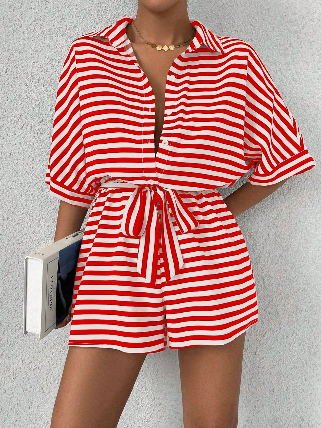 Women's Short Sleeve Striped Short Jumpsuit, Button Front Design With Waist Belt – Premium 4 | RICALOUX