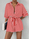 Women's Short Sleeve Striped Short Jumpsuit, Button Front Design With Waist Belt – Premium 4 | RICALOUX
