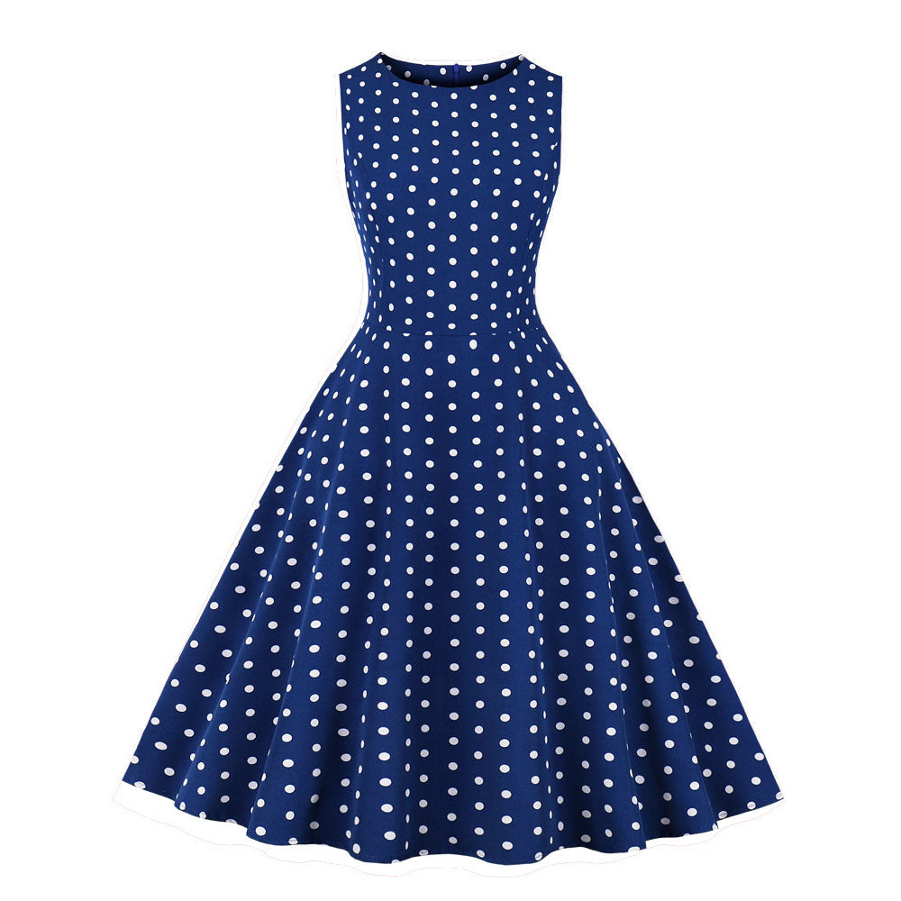 Retro Summer Round-neck Sleeveless A-line Dress With A Small Polka-dot Print And A Slim Fit by Ricaloux