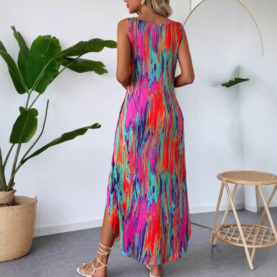Womens Fashionable Printed Sleeveless Slit Slimming Tank Dress by Ricaloux