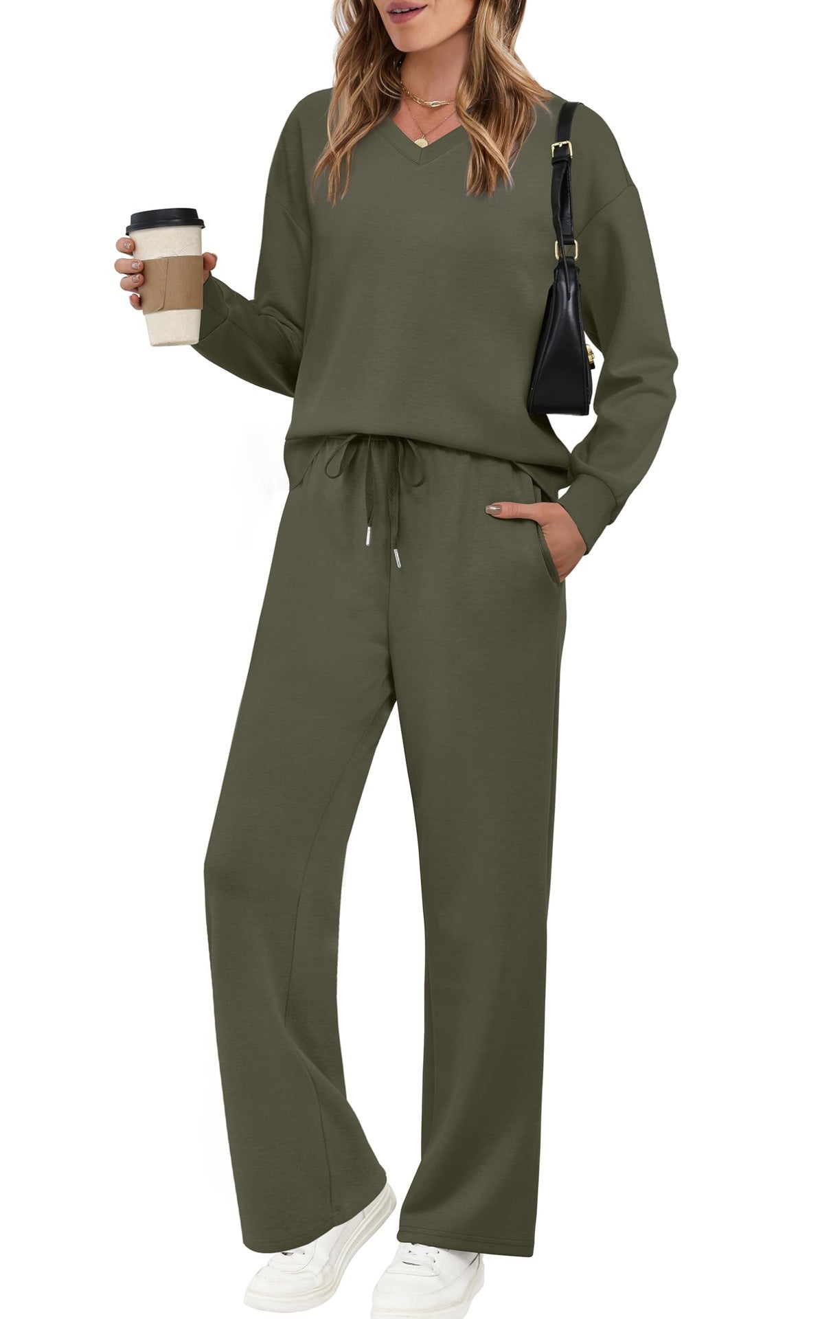 Womens Long-Sleeve Drawstring Casual Pants Set by Ricaloux
