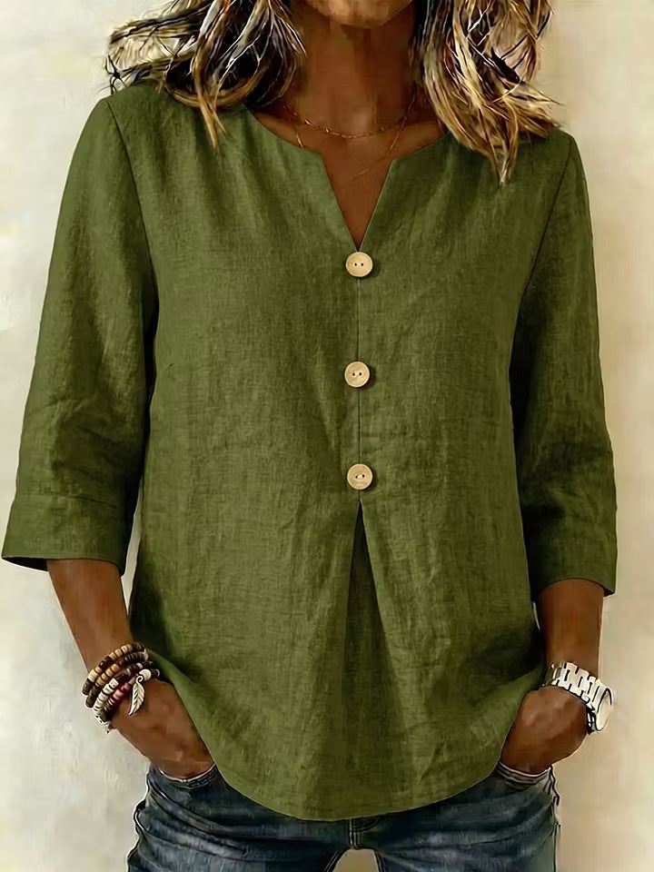 Solid-color V-neck Three-quarter-sleeve Casual Loose-fit Cotton-linen Top by Ricaloux