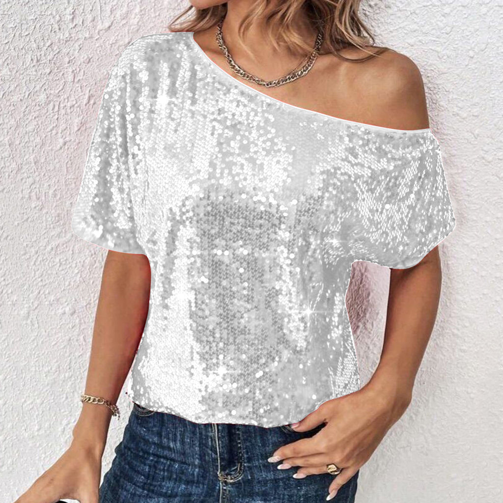 Womens Casual Solid-Color Loose Off-Shoulder Sequin T-Shirt by Ricaloux