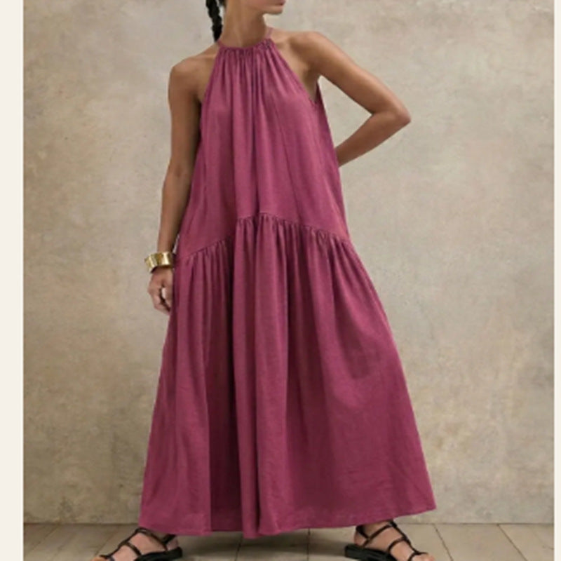 Halter-neck Sleeveless Cotton-linen Dress by Ricaloux