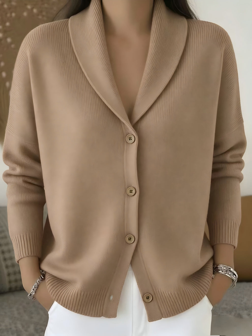 Womens Knitted Cardigan Loose-Fit Lazy Style Soft And Cozy Notch Lapel Solid Color Long-Sleeve Sweater by Ricaloux