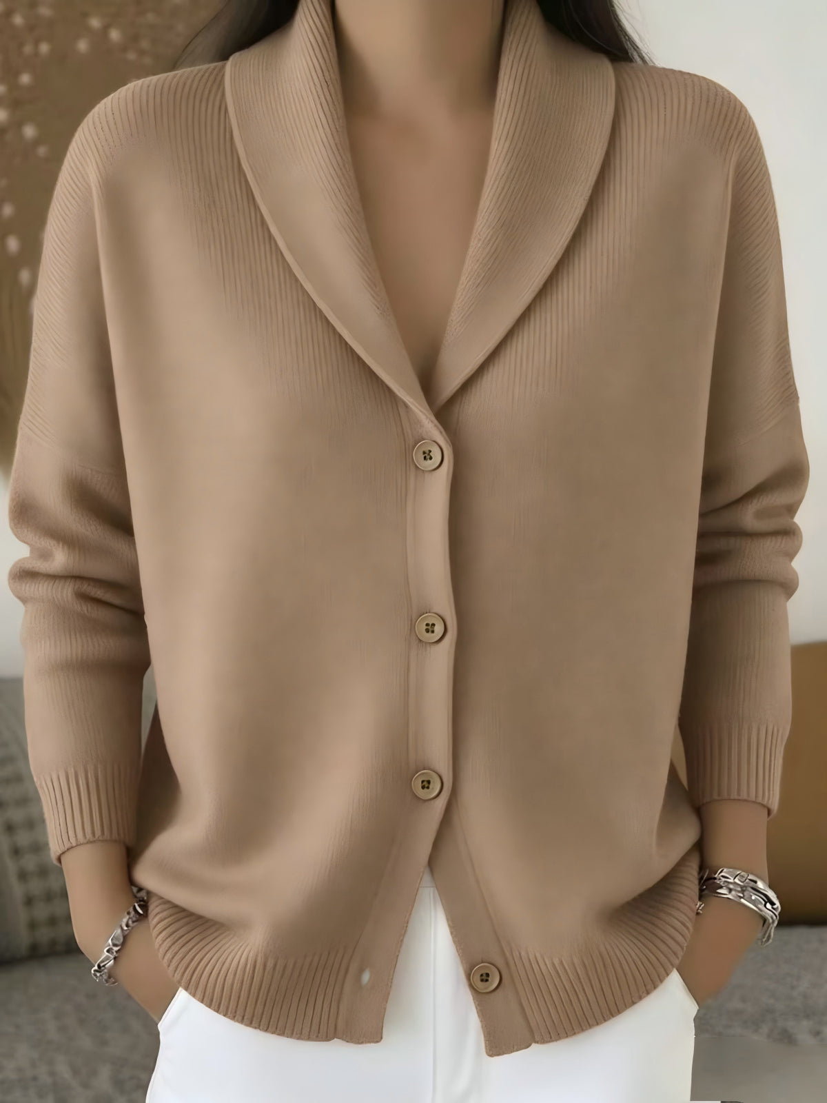 Womens Knitted Cardigan Loose-Fit Lazy Style Soft And Cozy Notch Lapel Solid Color Long-Sleeve Sweater by Ricaloux