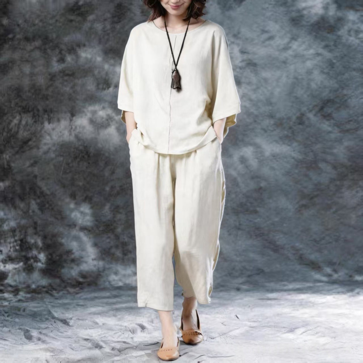 Womens Solid-Color Casual Wide-Leg Pants Set by Ricaloux