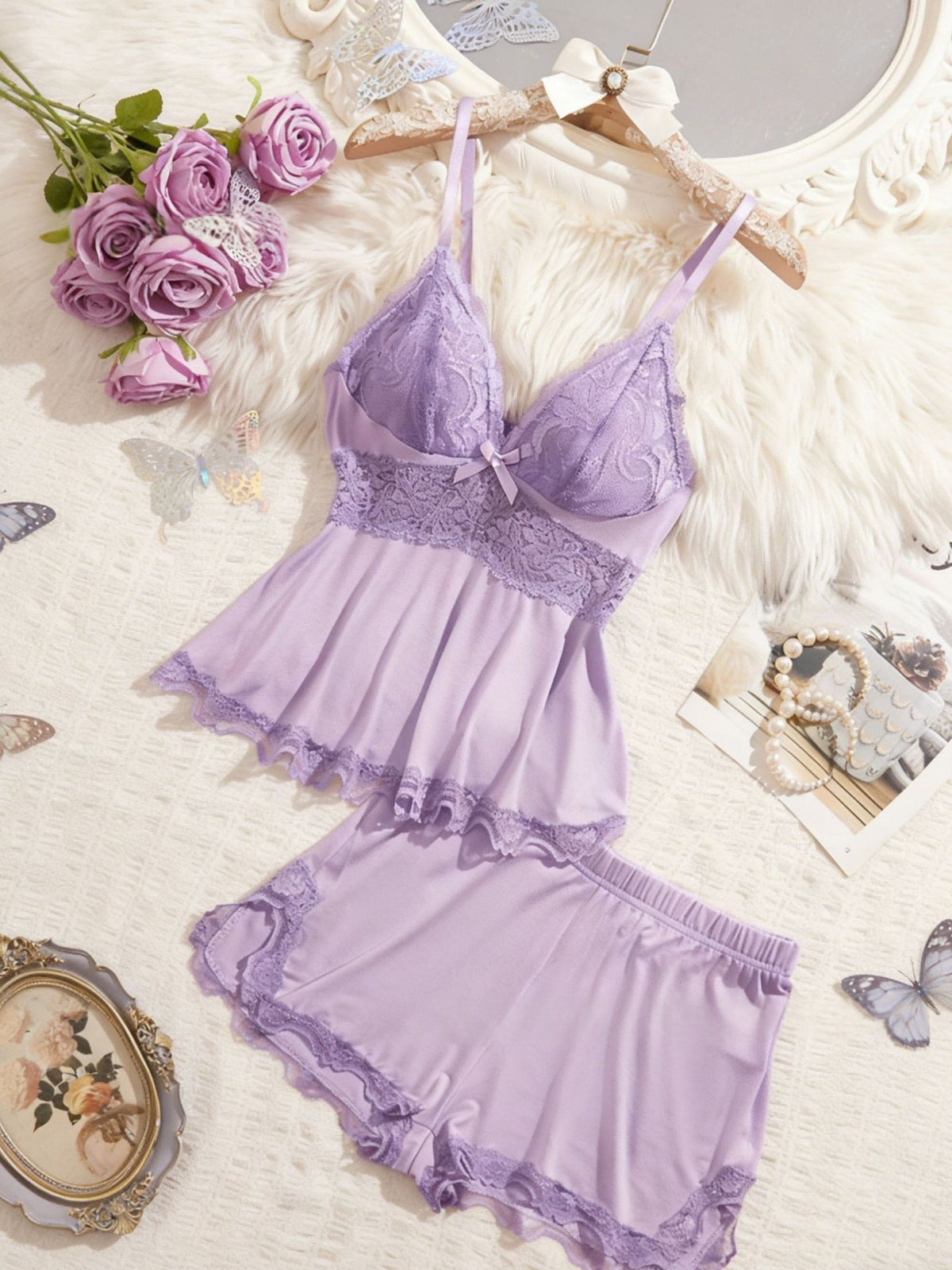 Lace-trimmed Camisole Loungewear Casual 2-piece Set For Women by Ricaloux