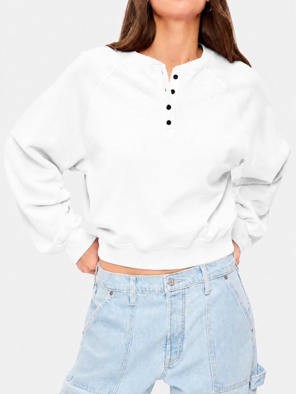 Womens Crew-neck Button-up Sweatshirt Loose-fit Casual Cropped Top by Ricaloux