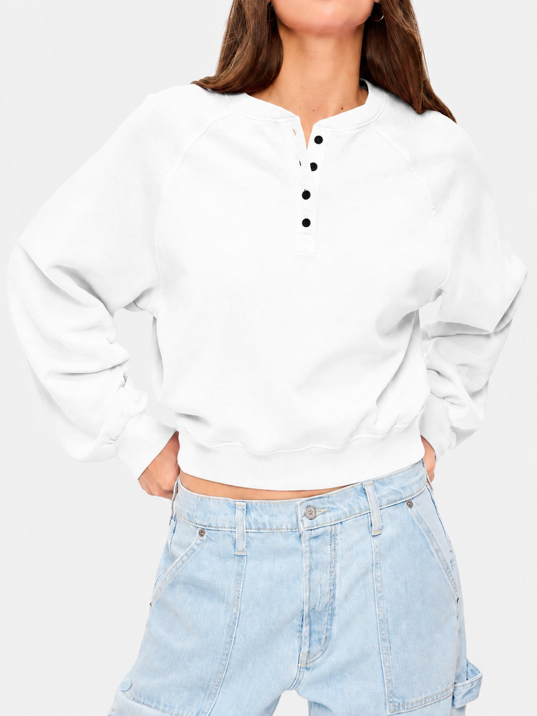 Womens Crew-neck Button-up Sweatshirt Loose-fit Casual Cropped Top by Ricaloux