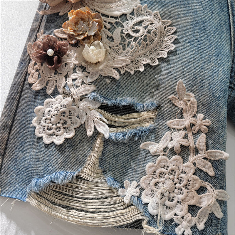 Lace-floral Patchwork, Brushed-texture Distressed Denim Shorts With Rhinestones And A Back Elastic Waist by Ricaloux