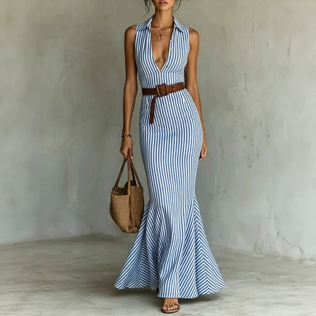 Elegant V-neck Dress With A Belt For Women by Ricaloux