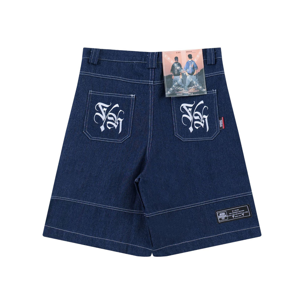Carnot-style Embroidered Cursive Lettering Denim Shorts by Ricaloux