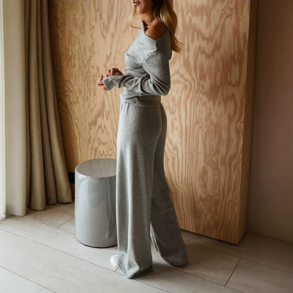 Womens Knitted Long-sleeve Off-shoulder Top And Wide-leg Pants Set by Ricaloux