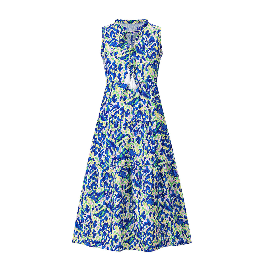 Sleeveless V-neck Tassel Abstract-print Dress by Ricaloux