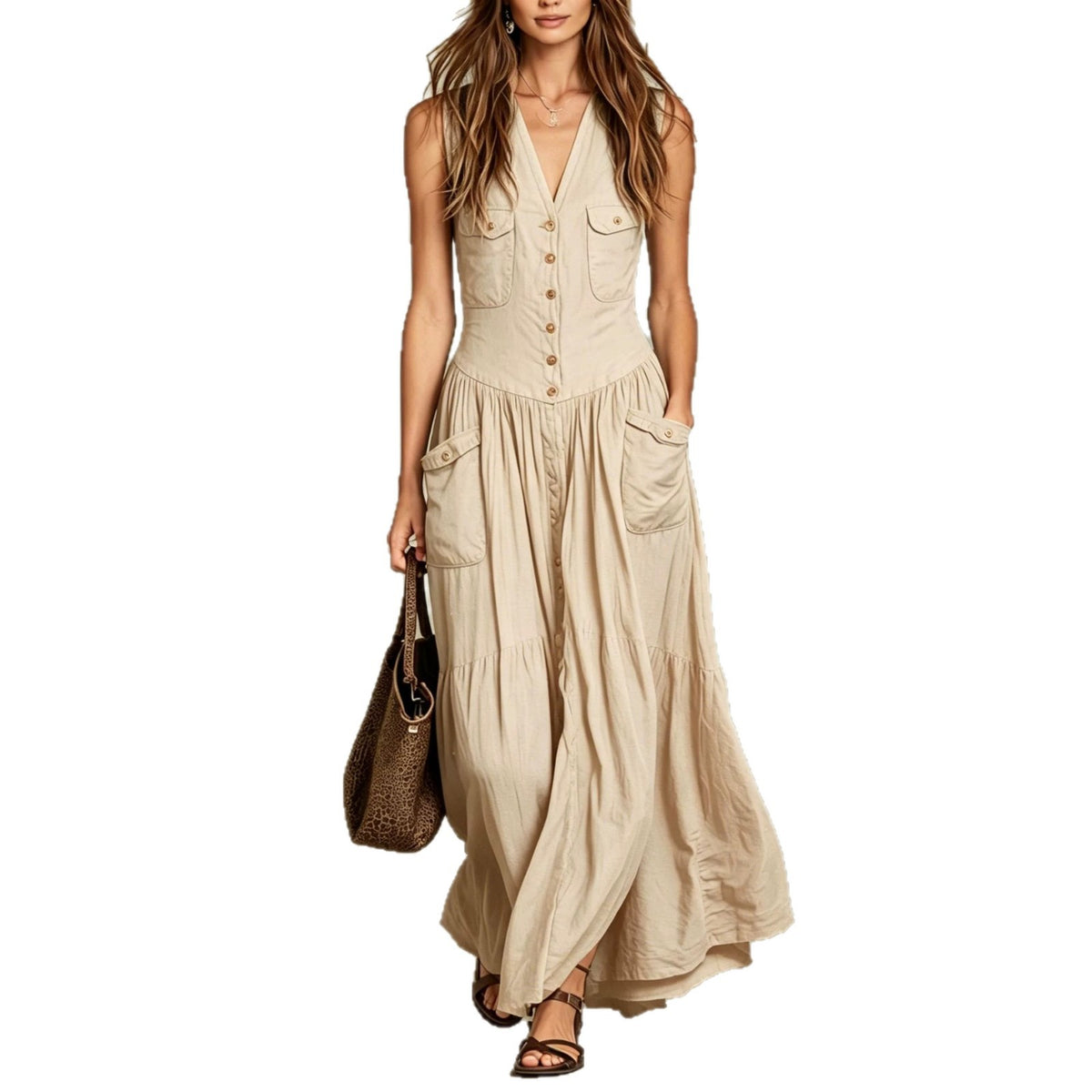 Relaxed-fit Sleeveless Casual V-neck Vintage Dress With Buttons by Ricaloux
