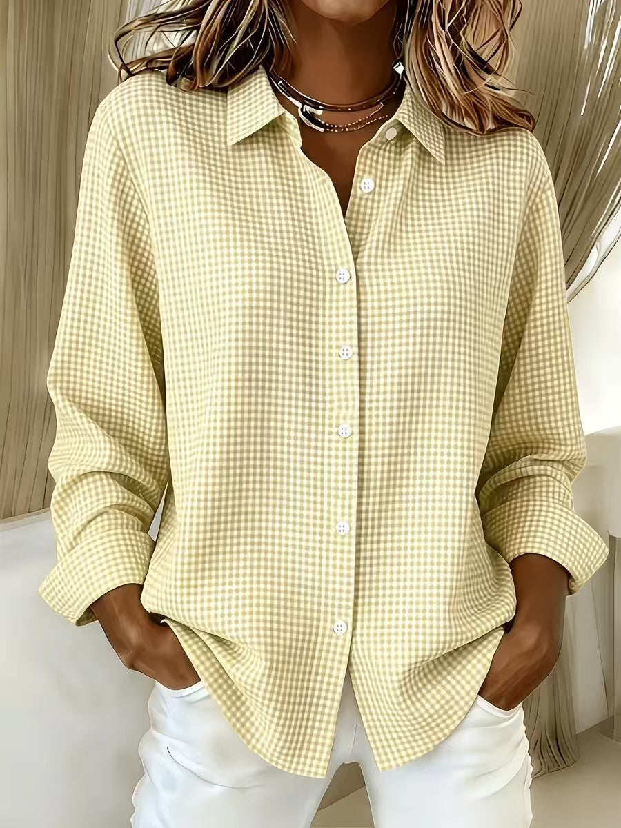 Versatile Lapel-collar Long-sleeve Plaid Shirt by Ricaloux