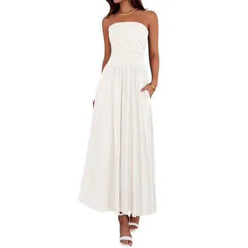 Vintage-tinged Pleated Patchwork Strapless Evening Dress by Ricaloux