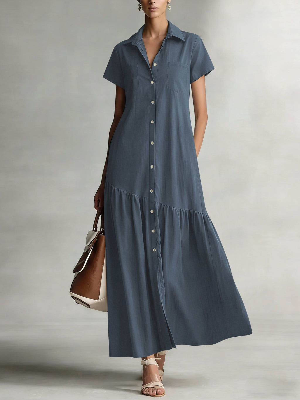 Womens Minimalist Solid-color Lapel Dress With Slanted Ruffled Hem by Ricaloux