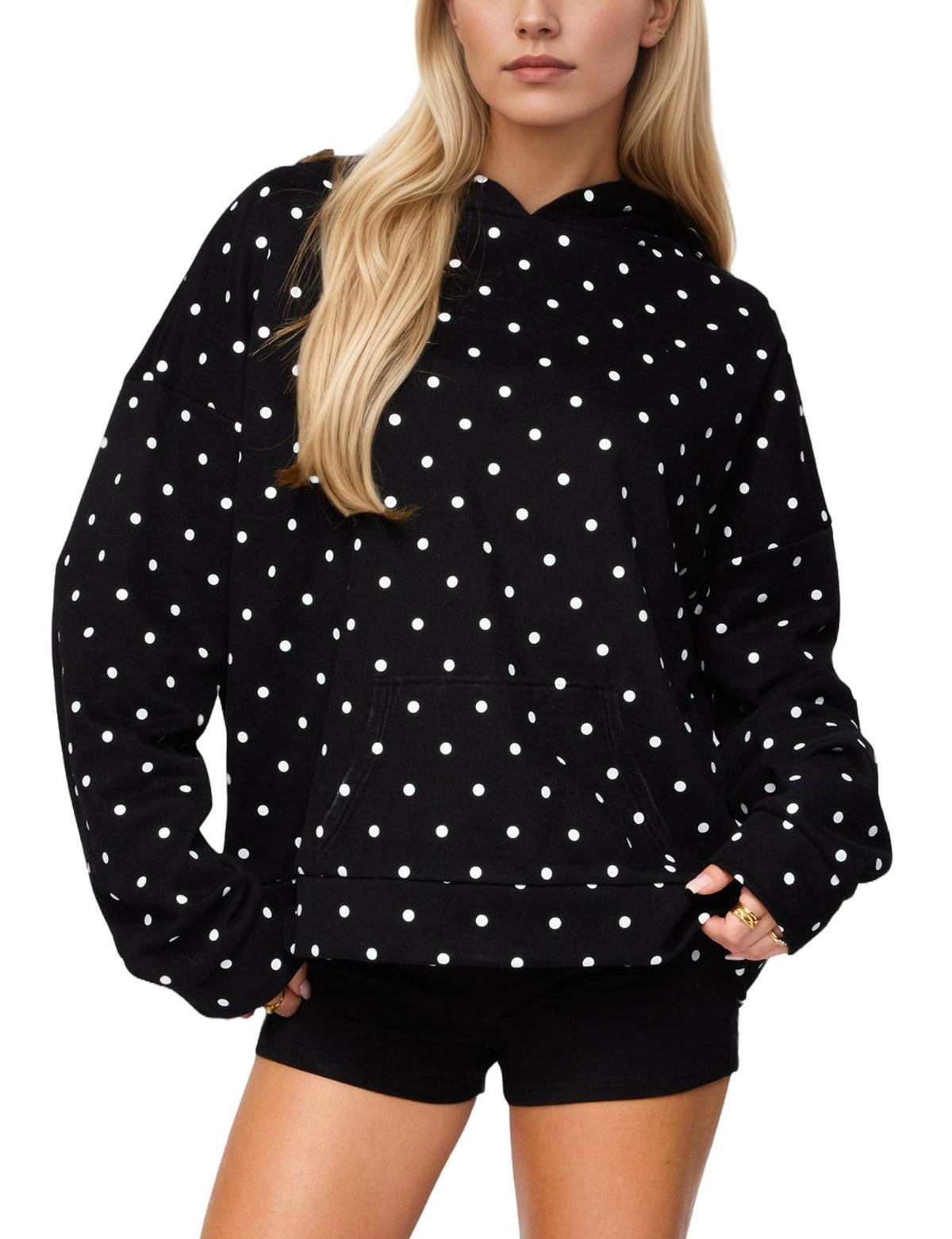 Womens Polka-dot Print Loose-fitting Sweatshirt With A Hood by Ricaloux