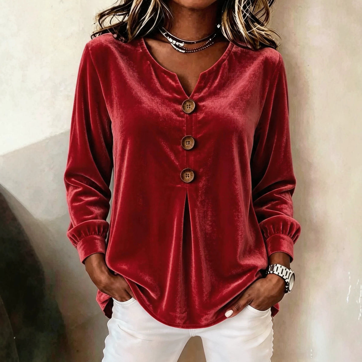 Elegant V-neck Buttoned Long-sleeve Velvet Blouse For Women by Ricaloux