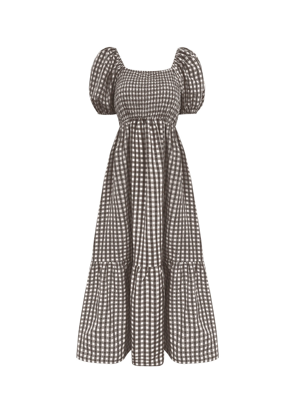 Women's Gingham Puff Sleeve Square Neck Smocked Tiered Maxi Dress - Casual Summer Beach Dress – Premium 4 | RICALOUX