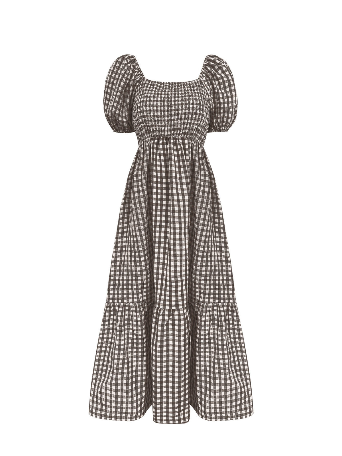 Women's Gingham Puff Sleeve Square Neck Smocked Tiered Maxi Dress - Casual Summer Beach Dress – Premium 4 | RICALOUX