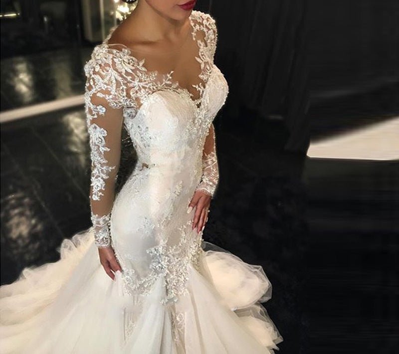 Trailing White Temperament Is Thin And Long Lace Wedding Dress - RICALOUX