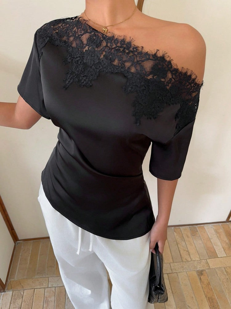 Womens New Solid-color Lace-trimmed Top by Ricaloux