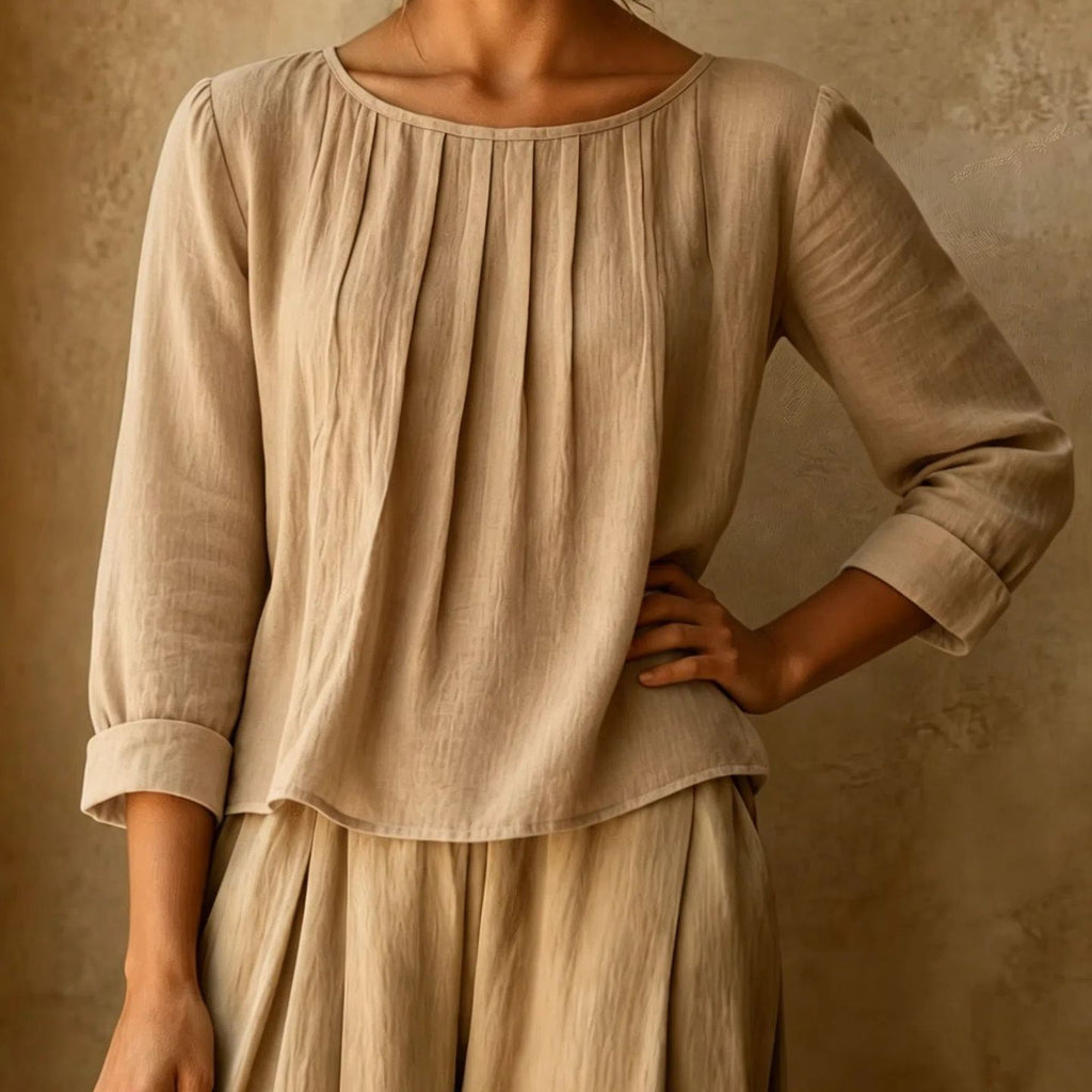 Womens Cotton-linen Top Loose-fit Round-neck Shirt – Premium 0 | RICALOUX