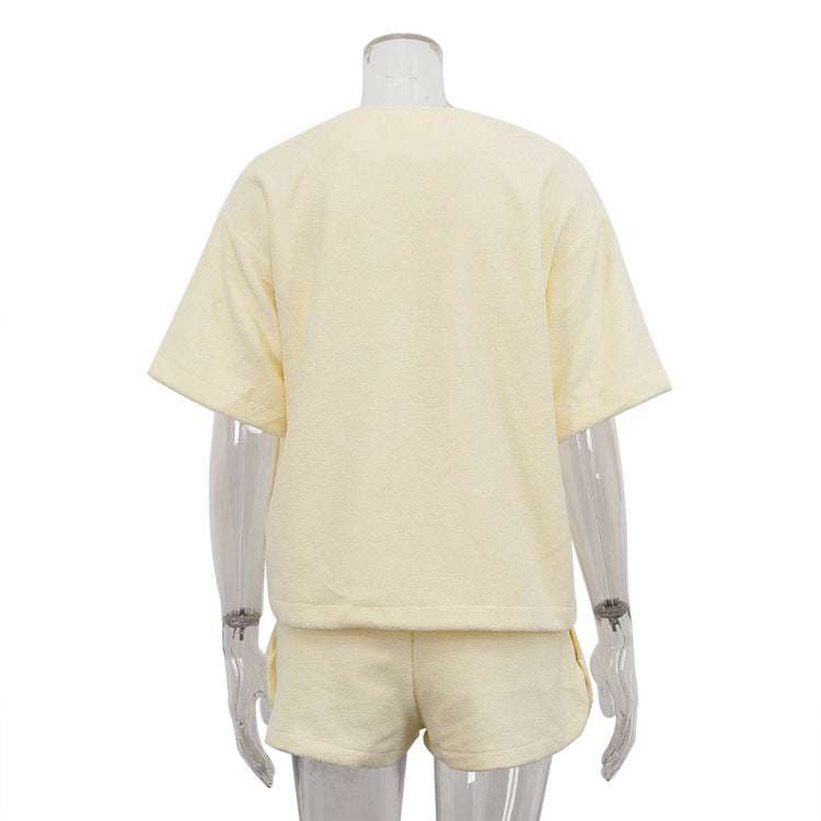 Terry Cloth Tie Front Short Sleeve Jacket & Elastic Waist Casual Shorts 2-Piece Loungewear Set by Ricaloux