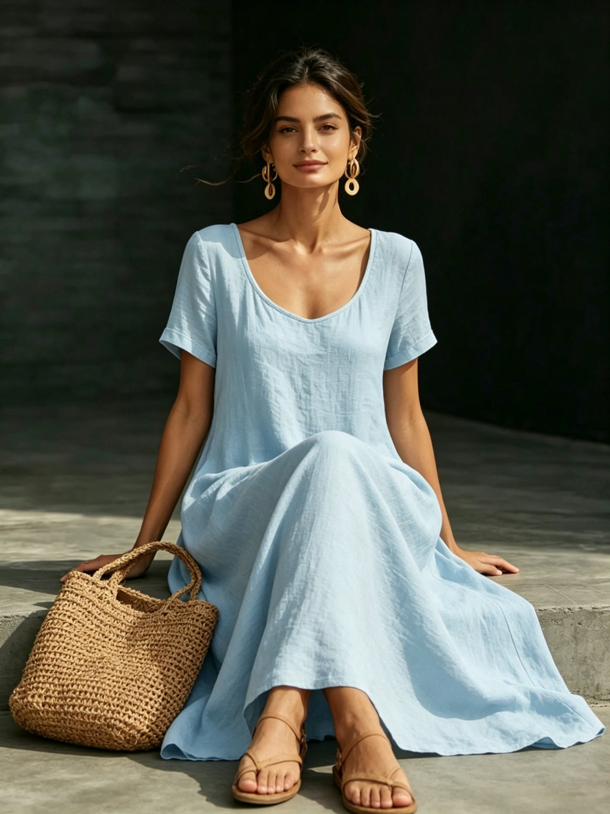 Summer U-Neck Short Sleeve Flowy Maxi Dress - Casual Solid Color Women's Loose Dress Summer Dress For Women by Ricaloux