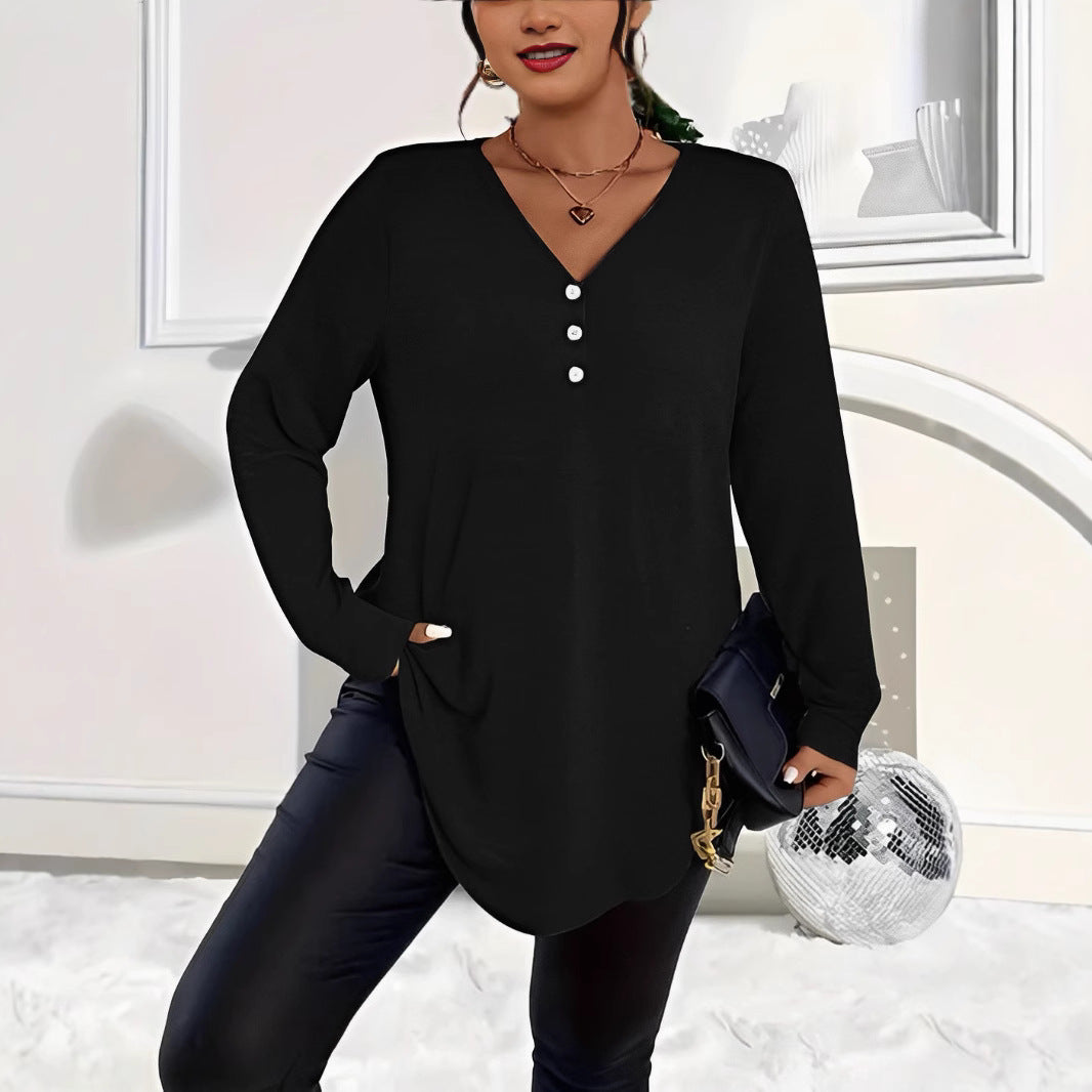 Womens Plus-Size Solid-Color Long-Sleeve Top With Buttons – Premium 0 | RICALOUX