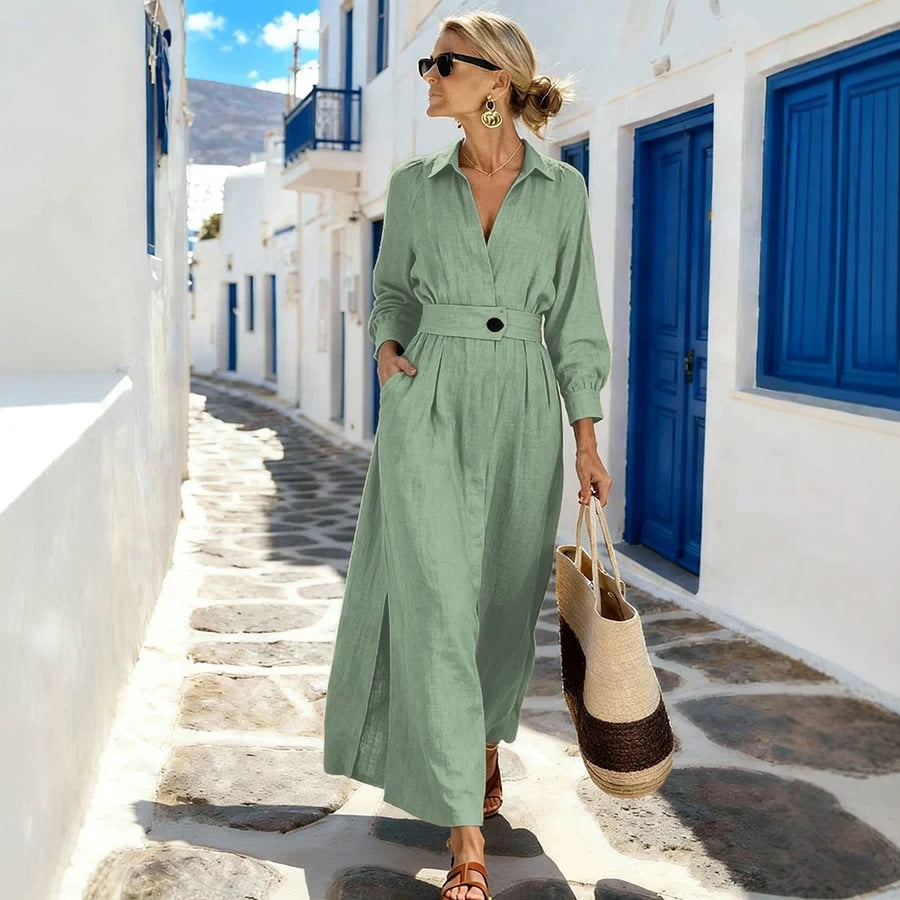 Womens Long-sleeve Slit Lapel Blouse Dress by Ricaloux