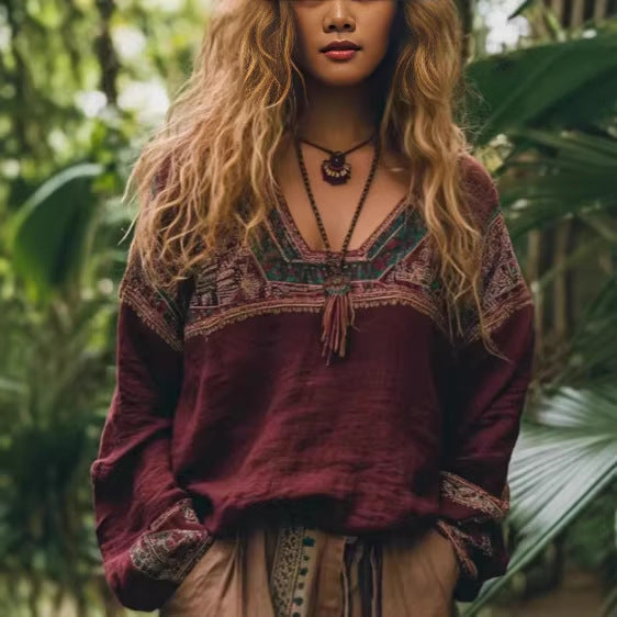 Ethnic-style Casual V-neck Long-sleeve Blouse by Ricaloux