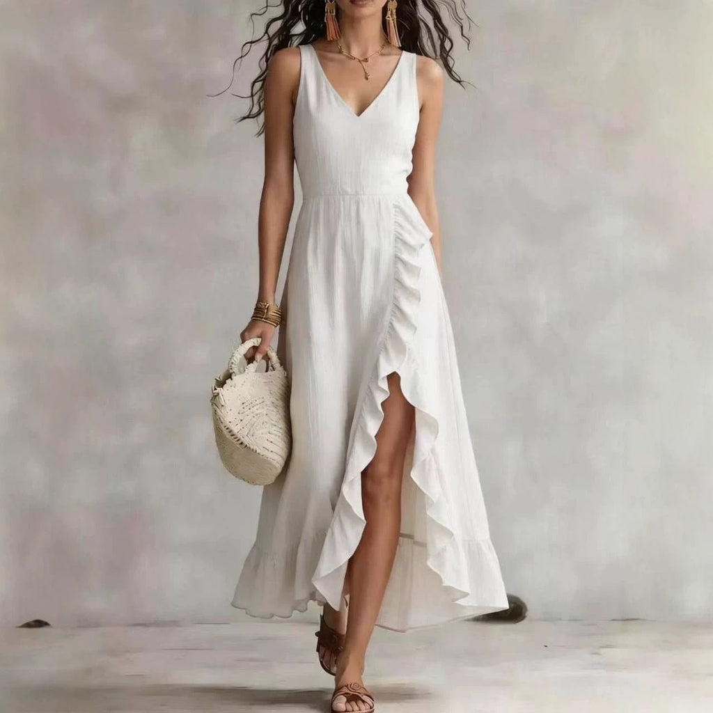 Womens V-neck Sleeveless Flounced Hem Split Dress - RICALOUX