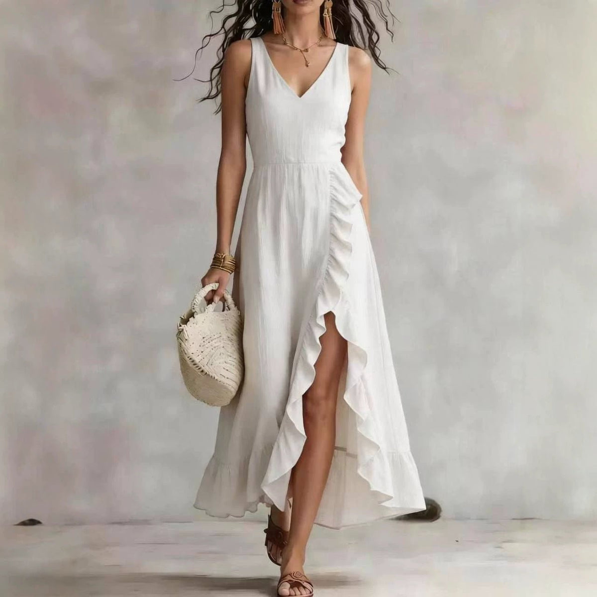 Womens V-neck Sleeveless Flounced Hem Split Dress - RICALOUX