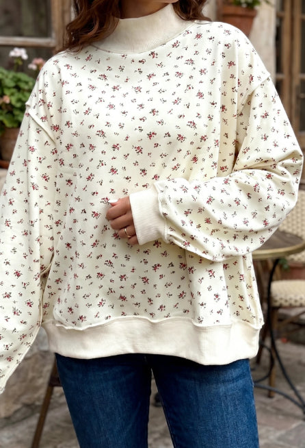 Beige Ribbed High-necked Patchwork Floral Print Loose Pullover Hoodie by Ricaloux