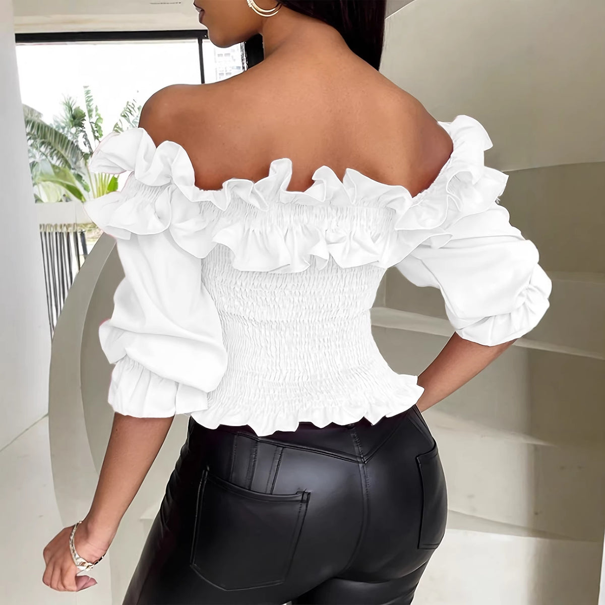 Womens Off-shoulder Ruffled Lantern-sleeve Blouse by Ricaloux