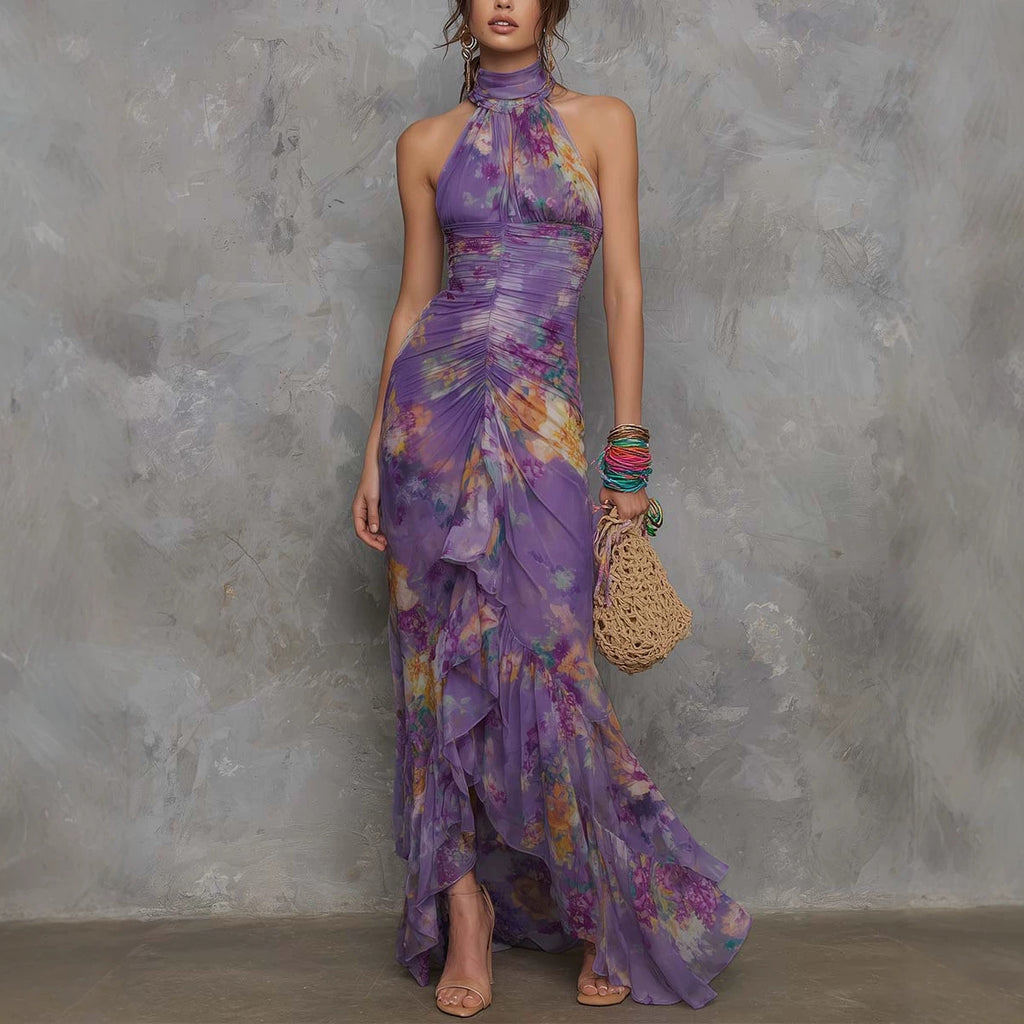 Casual Scoop-neck Low-cut Off-shoulder Colorful-printed Asymmetrical Wrap Dress by Ricaloux