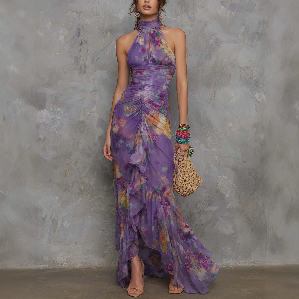 Casual Scoop-neck Low-cut Off-shoulder Colorful-printed Asymmetrical Wrap Dress by Ricaloux