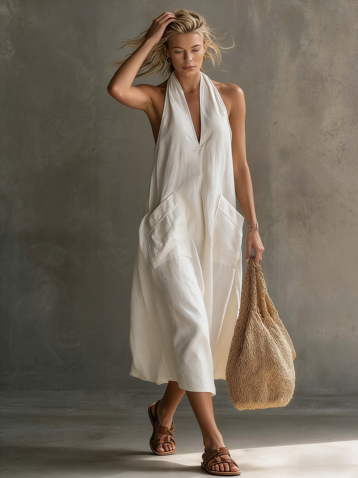 Summer Halter V-Neck Backless Maxi Dress With Large Pockets - Cotton Linen Loose Vacation Dress, Multiple Colors Available For Women by Ricaloux