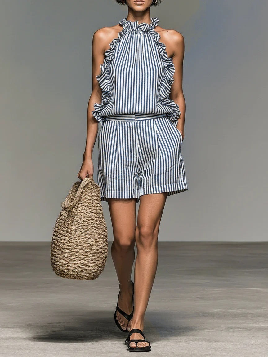 Casual Sleeveless Striped Lace T-shirt Top And Shorts by Ricaloux