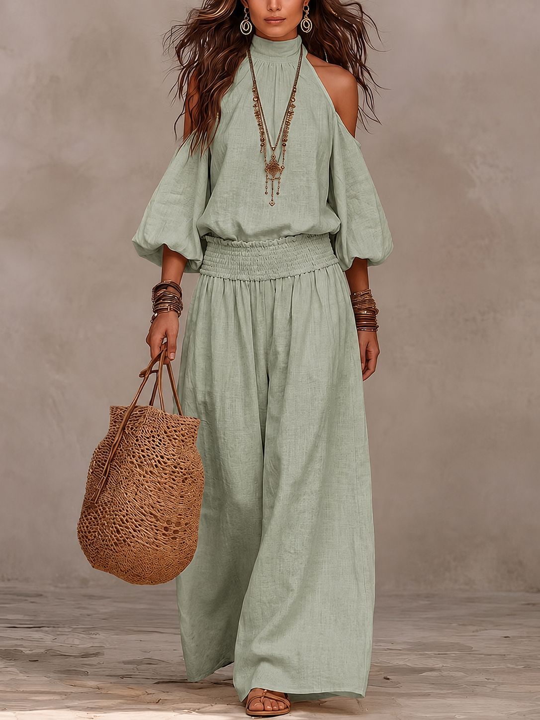 Womens Fashionable Casual Round-Neck Loose-Fit Long-Sleeve Hollow-Out Top And Pleated Pants Set by Ricaloux