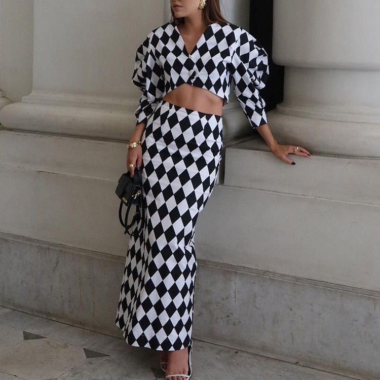 Diamond Check Puff Sleeve V-Neck Crop Top & High Waist Mermaid Maxi Skirt 2-Piece Co-Ord Set by Ricaloux