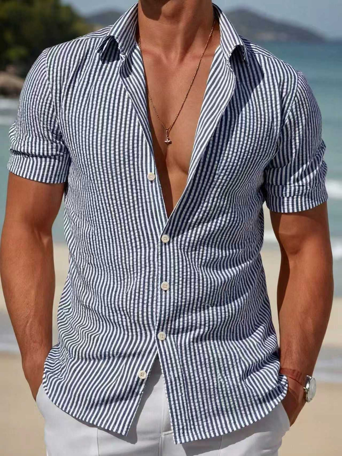 Mens Striped Short-sleeve Loose-fit Casual Shirt by Ricaloux