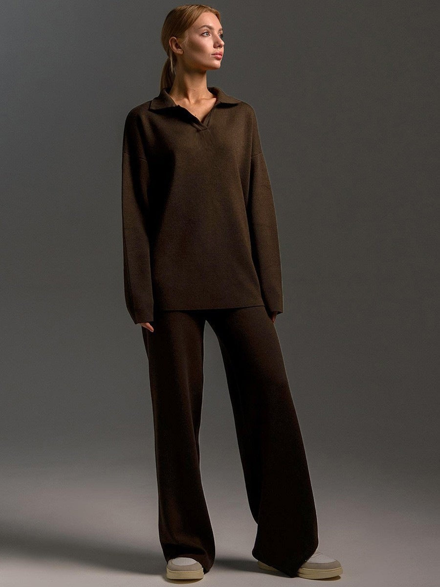 Womens Solid-color Polo-collar Wide-leg Pants Set by Ricaloux
