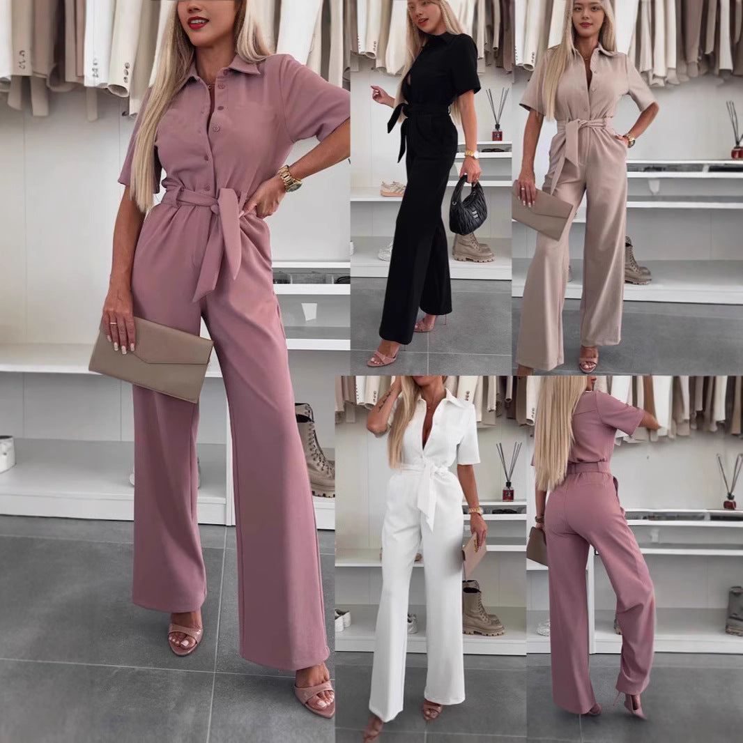 Womens Shirt-collar Short-sleeved Tie-detail Jumpsuit by Ricaloux